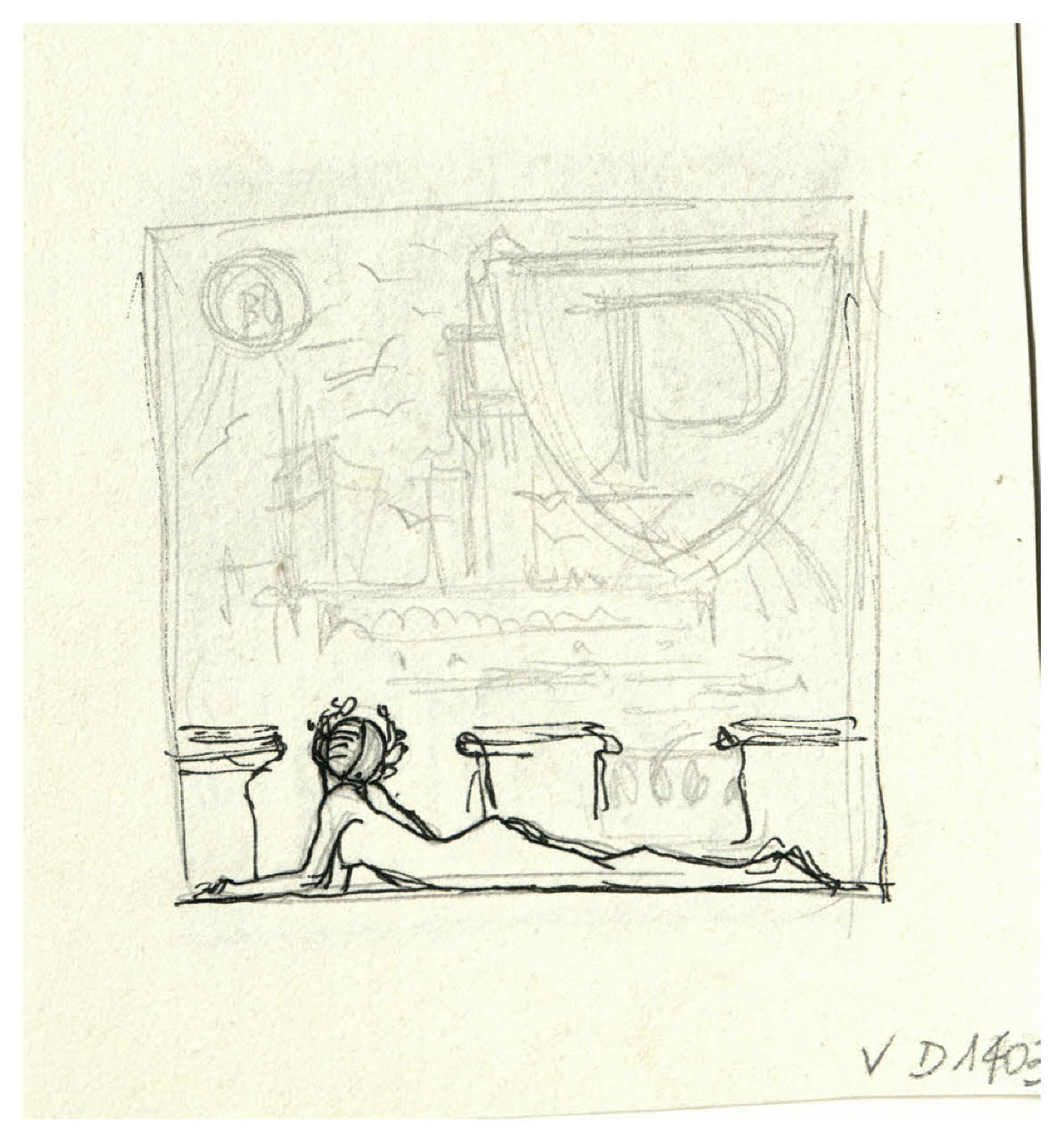 Nudo femminile disteso, sullo sfondo una città turrita - Lettera P. Studio per iniziale figurata di V. Pica, Acqueforti litografie e silografie di due giovani italiani, in Attraverso gli albi e le cartelle, [1921], p. 91 (disegno) di Disertori, Benvenuto Maria (sec. XX)