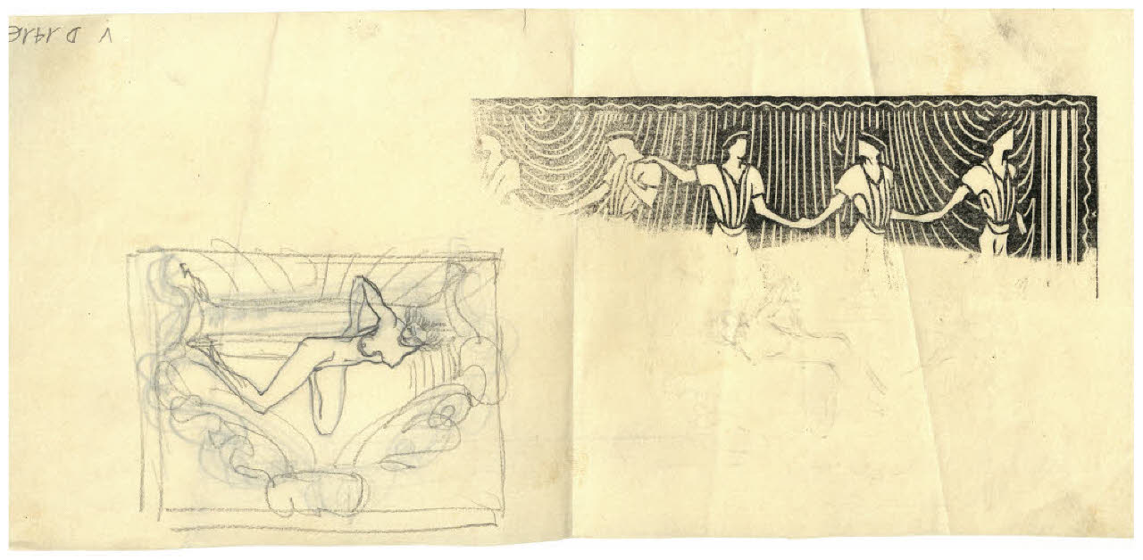 Nudo femminile disteso su un divano - Lettera P. Variante di per iniziale figurata di V. Pica, Acqueforti litografie e silografie di due giovani italiani, in Attraverso gli albi e le cartelle, [1921], p. 91 (disegno) di Disertori, Benvenuto Maria (prima metà sec. XX)