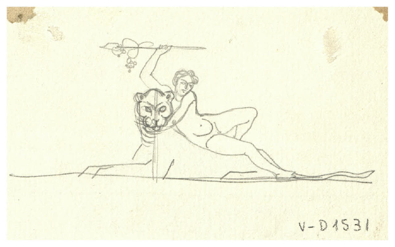 Figura a cavallo di un felino. Studio per testata di Comoedia (disegno) di Disertori, Benvenuto Maria (prima metà sec. XX)