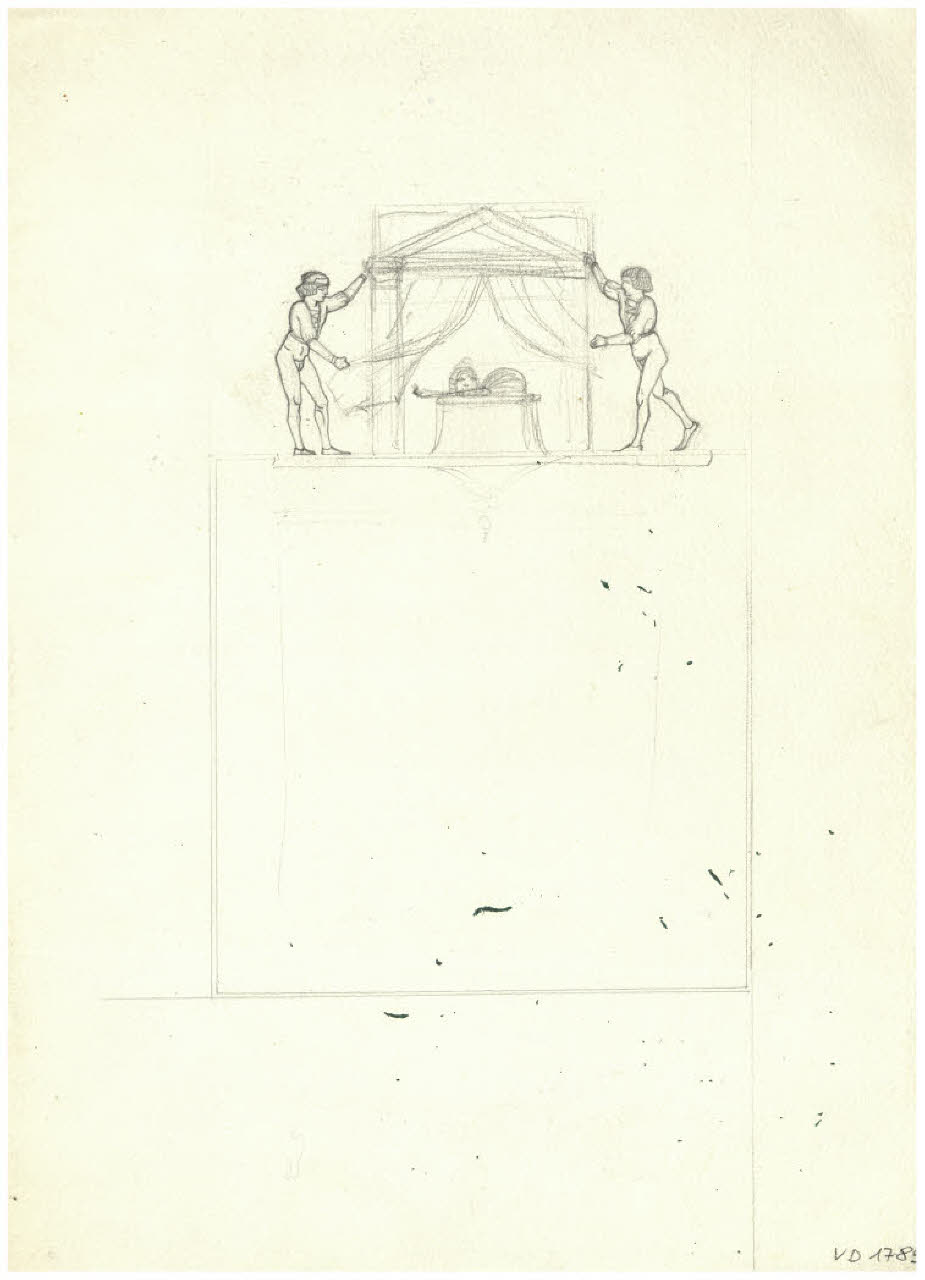 Due figure maschili sollevano un sipario. Disegno preparatorio per il frontespizio e testatina dei Supplementi a Comoedia, 1926, nn. 1-12 (disegno) di Disertori, Benvenuto Maria (sec. XX)