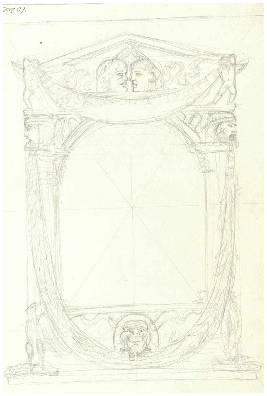 Studio di frontespizio con mascheroni (disegno) di Disertori, Benvenuto Maria (prima metà sec. XX)