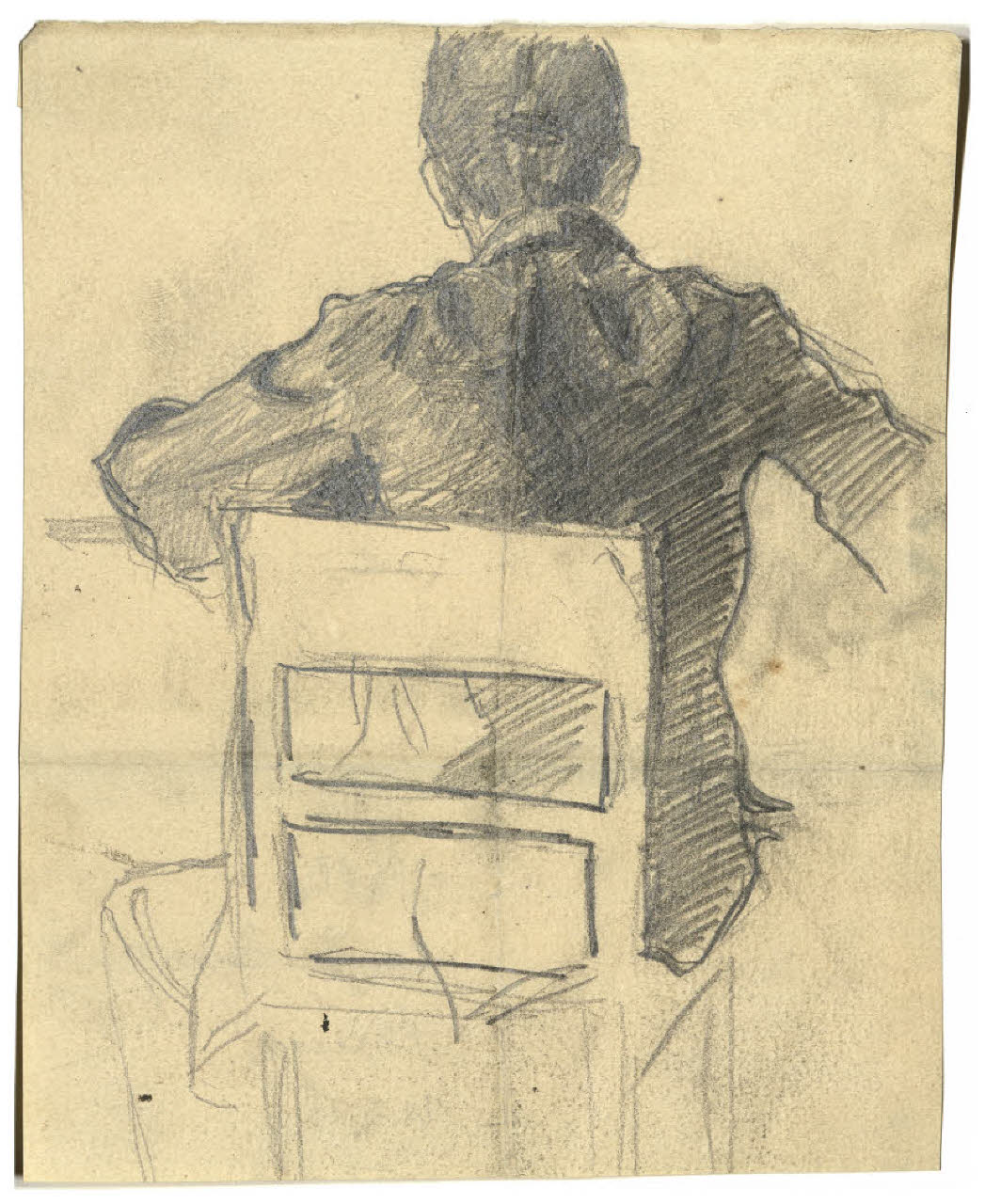 Uomo su una sedia di spalle (disegno) di Disertori, Benvenuto Maria (prima metà sec. XX)