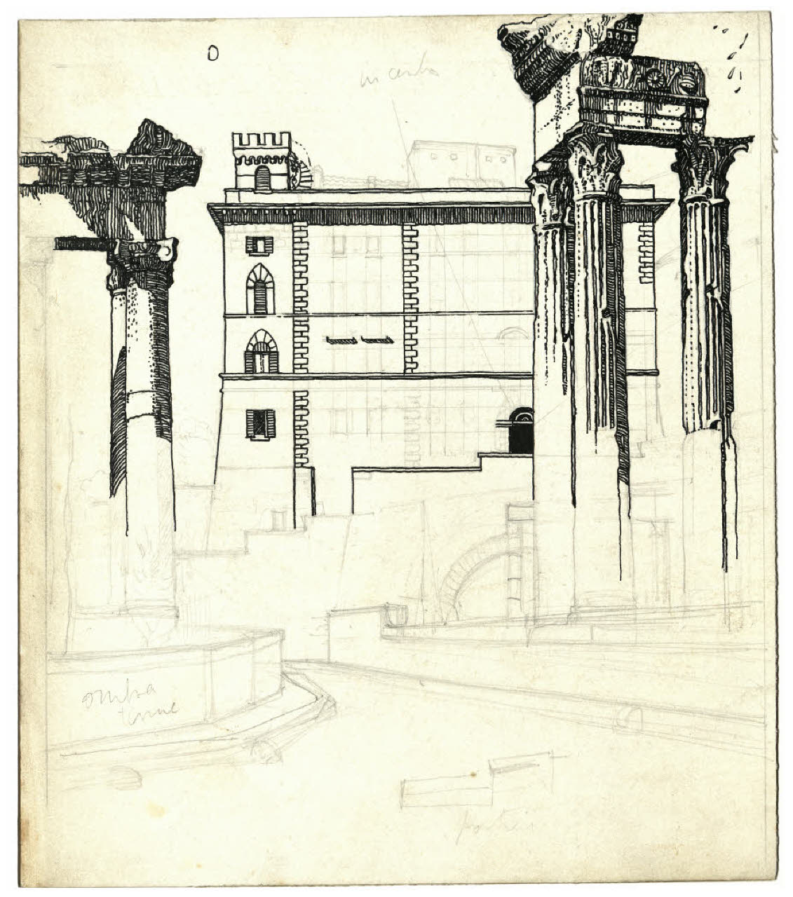 Roma. Il Campidoglio dai Fori Imperiali (disegno preparatorio per illustrazione) (disegno) di Disertori, Benvenuto Maria (prima metà sec. XX)
