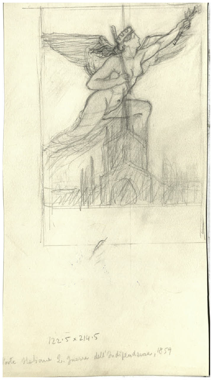 Figura allegorica in volo, sullo sfondo il Duomo di Milano. Bozzetto di francobollo commemorativo della II Guerra di Indipendenza, 1859 (disegno) di Disertori, Benvenuto Maria (prima metà sec. XX)