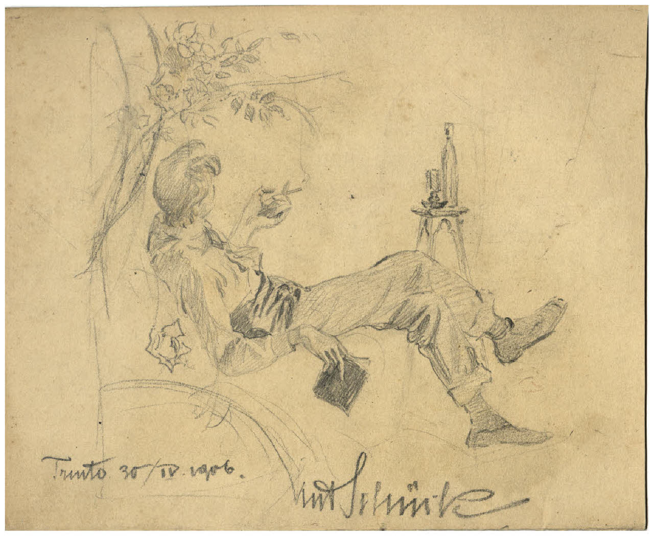 Giovane seduto in giardino (disegno) di Disertori, Benvenuto Maria (sec. XX)