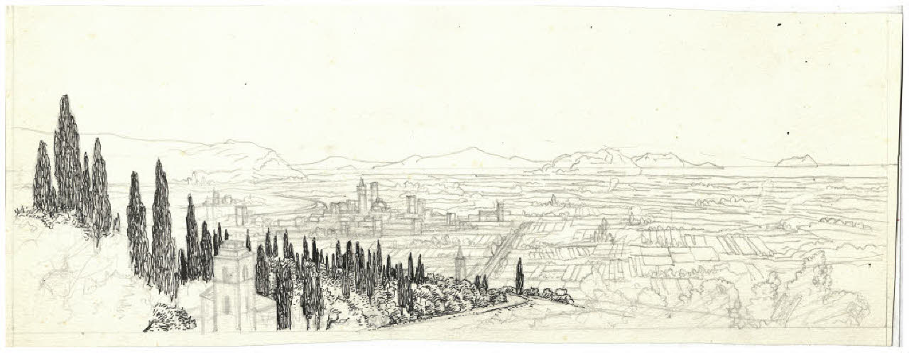 Paesaggio con una città (Firenze?) (disegno preparatorio per l'acquaforte Veduta con tralci di vite) (disegno) di Disertori, Benvenuto Maria (sec. XX)
