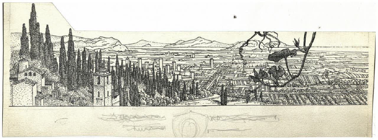 Paesaggio (disegno preparatorio per l'acquaforte Veduta con tralci di vite) (disegno) di Disertori, Benvenuto Maria (sec. XX)