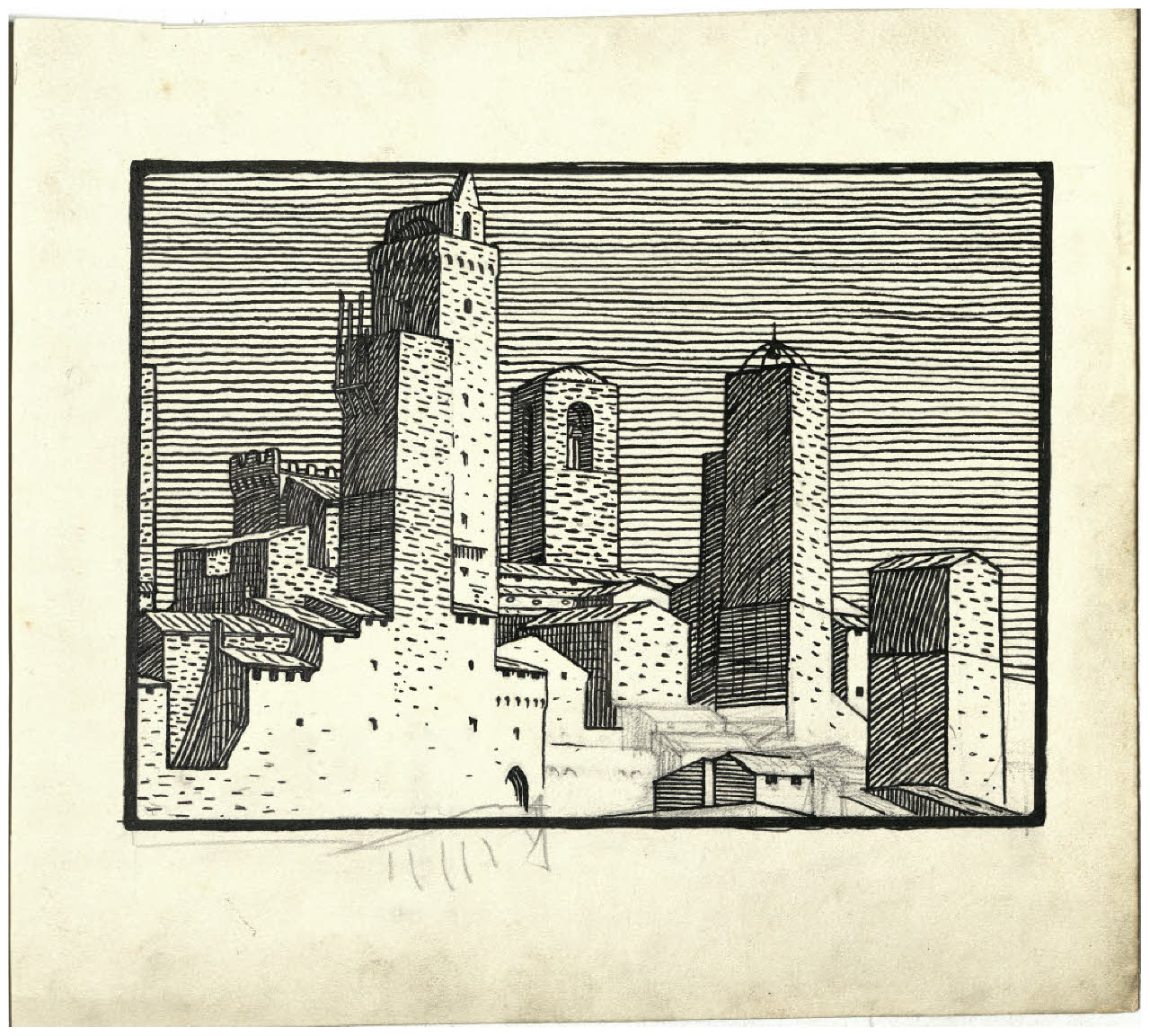 Torri di San Gimignano (studio per illustrazione) (disegno) di Disertori, Benvenuto Maria (prima metà sec. XX)
