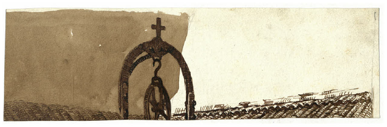 Frammento di una scena con sommità di tetto e campana (disegno) di Disertori, Benvenuto Maria (prima metà sec. XX)