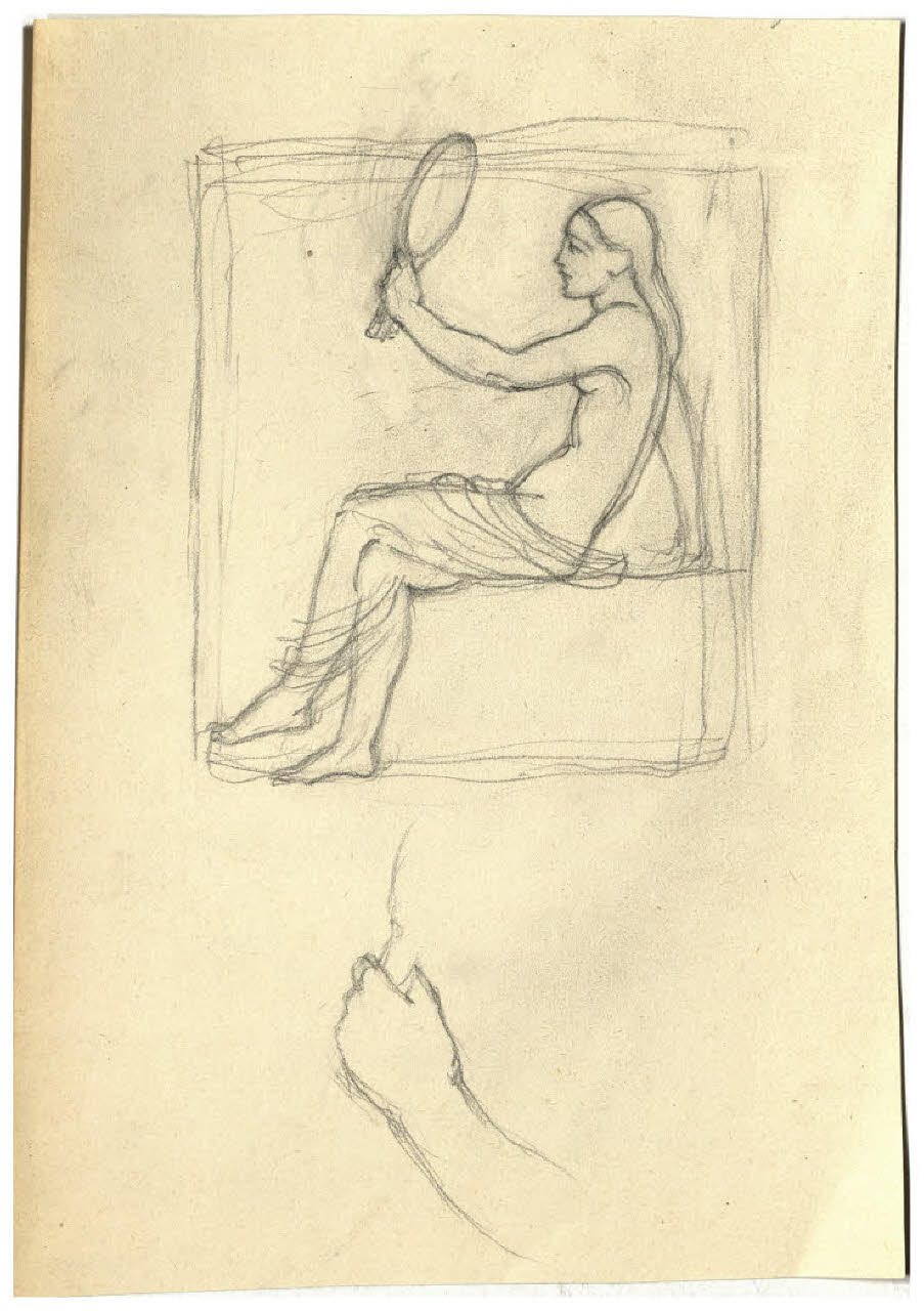 Donna seduta che tiene in mano uno specchio (studio di copertina o illustrazione di Papini, Scritti filosofici) (disegno) di Disertori, Benvenuto Maria (prima metà sec. XX)