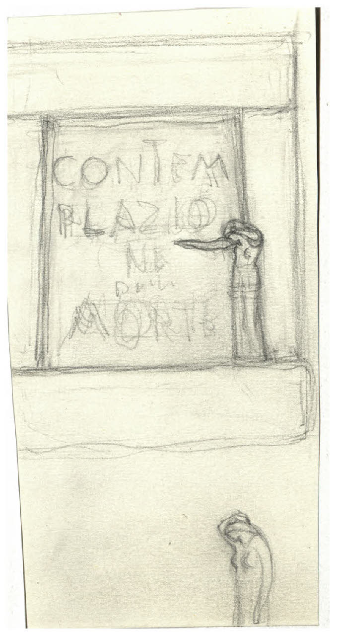Composizione con scritta: Contemplazione della morte (studio per copertina di Gabriele D'Annunzio, Contemplazione della morte) (disegno) di Disertori, Benvenuto Maria (prima metà sec. XX)