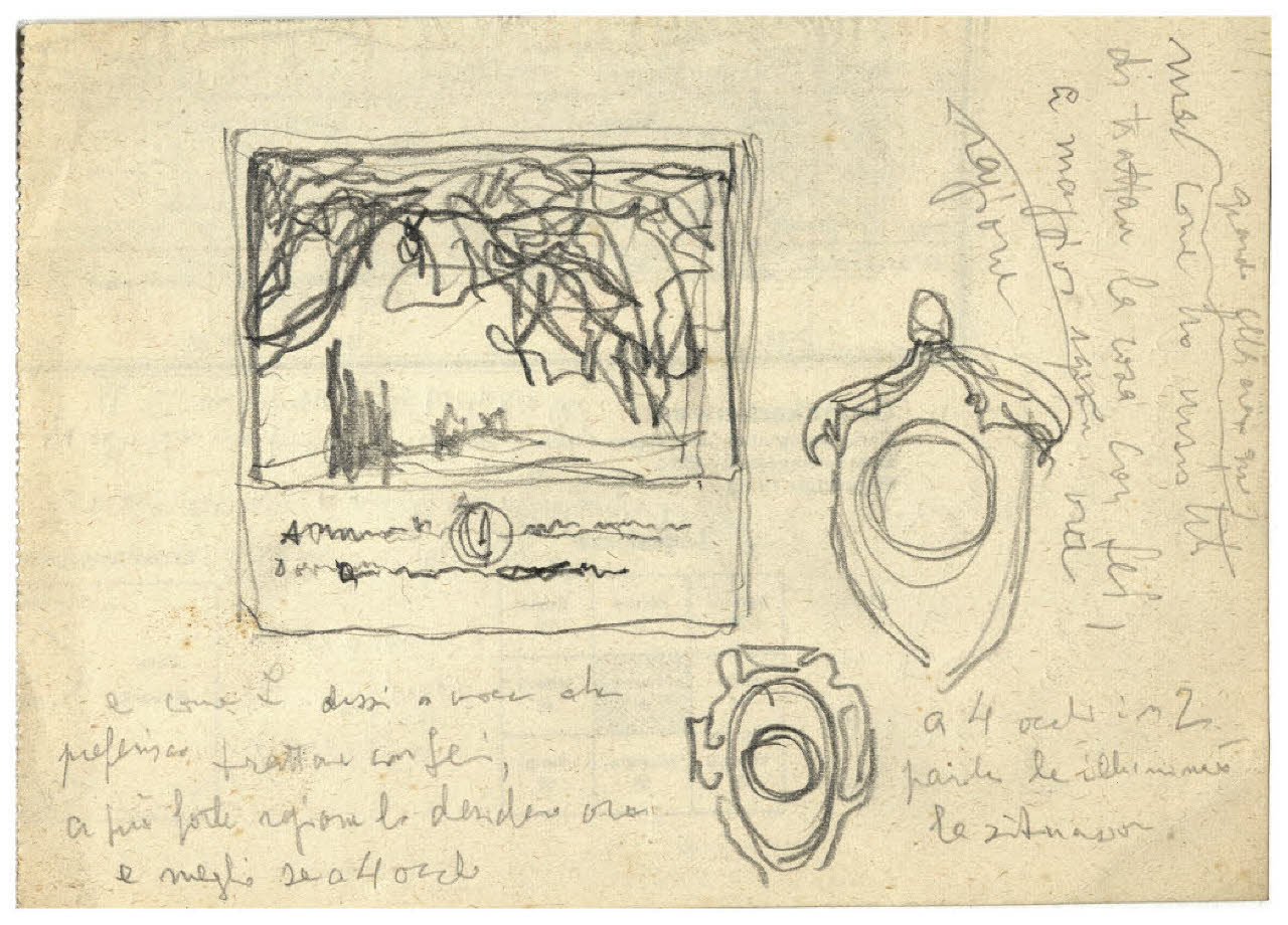 Bozzetto per un'incisione con veduta e iscrizione (acquaforte Veduta con tralci di vite?) (disegno) di Disertori, Benvenuto Maria (prima metà sec. XX)