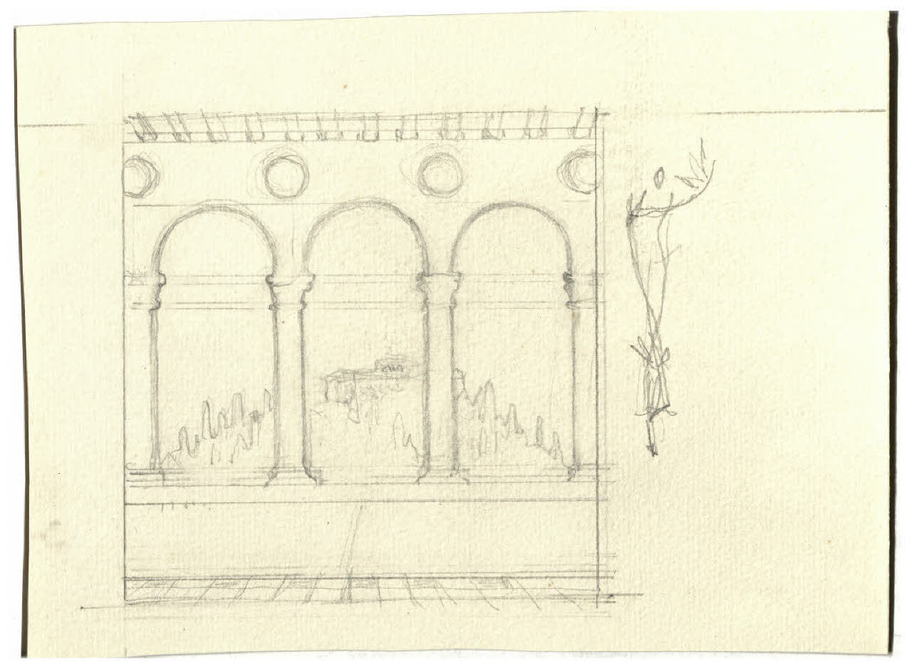 Porticato che si apre su un paesaggio (disegno) di Disertori, Benvenuto Maria (prima metà sec. XX)