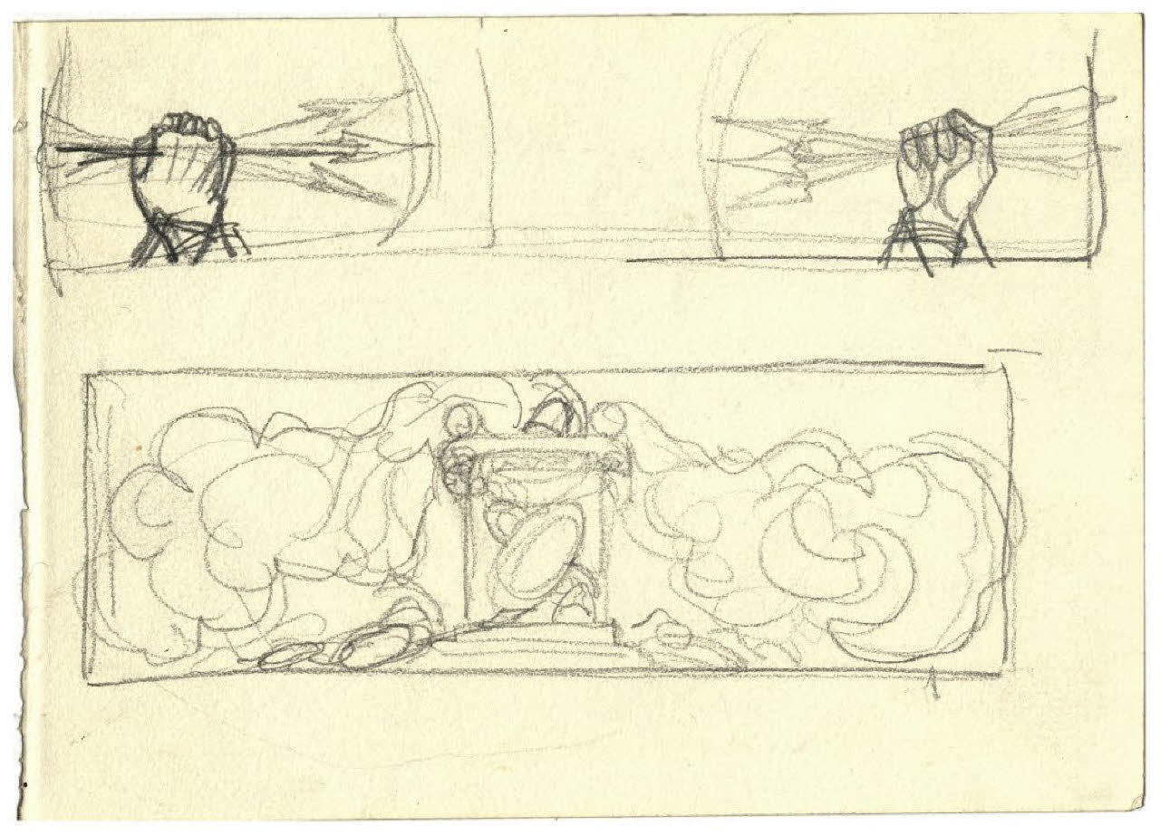 Mani che impugnano frecce e ara sacrificale (studi per illustrazioni?) la lettura (disegno) di Disertori, Benvenuto Maria (prima metà sec. XX)