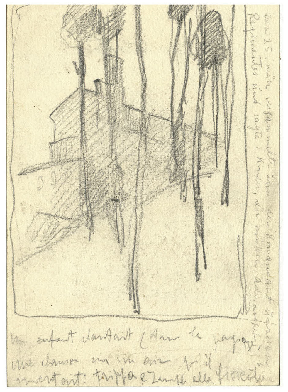 Strada con alberi e case (disegno) di Disertori, Benvenuto Maria (prima metà sec. XX)