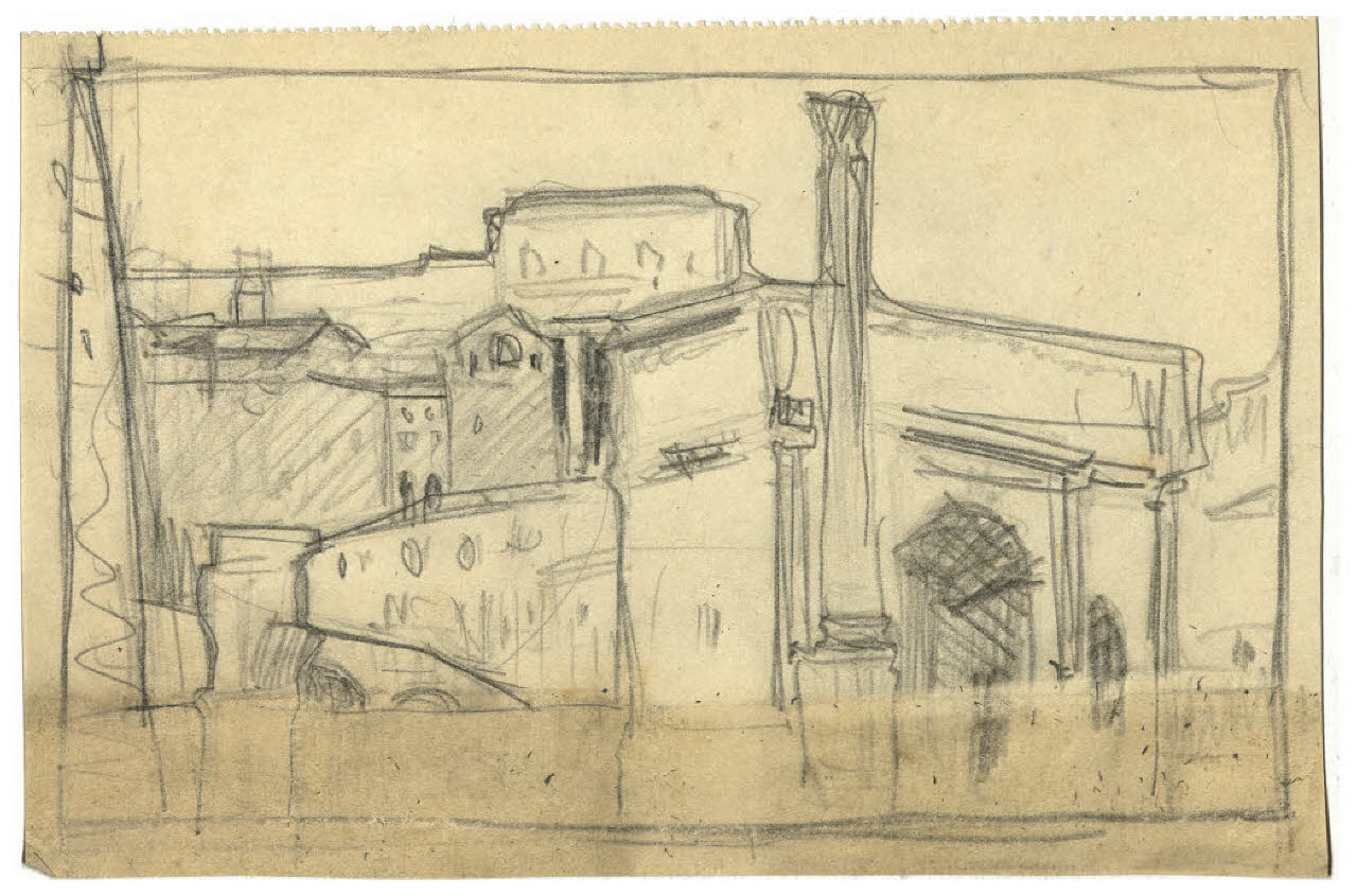 Scorcio urbano con arco di trionfo (disegno) di Disertori, Benvenuto Maria (prima metà sec. XX)