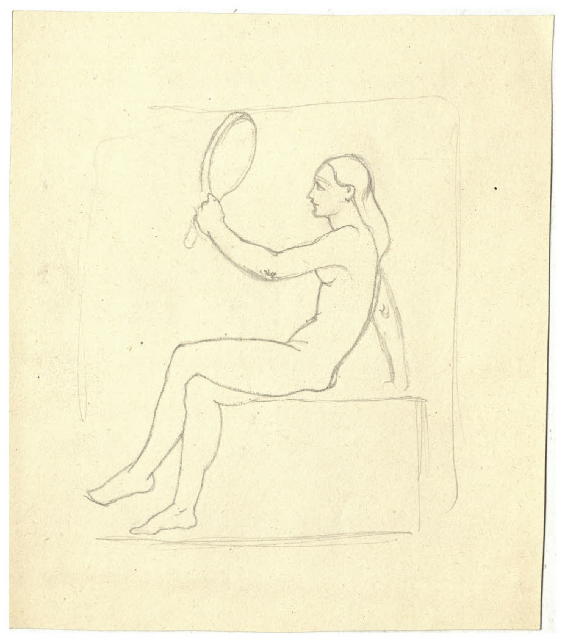 Donna seduta che tiene in mano uno specchio (studio di copertina o illustrazione di Papini, Scritti filosofici) (disegno) di Disertori, Benvenuto Maria (prima metà sec. XX)