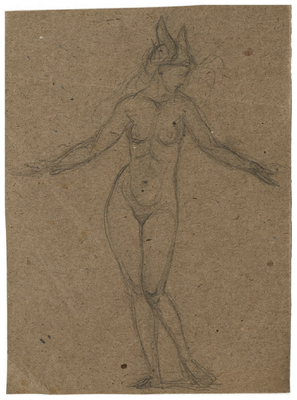 Figura femminile nuda con ali al capo (studio per una delle muse dell'acquaforte, mai realizzata, Il Pianeta Marte) (disegno) di Disertori, Benvenuto Maria (sec. XX)