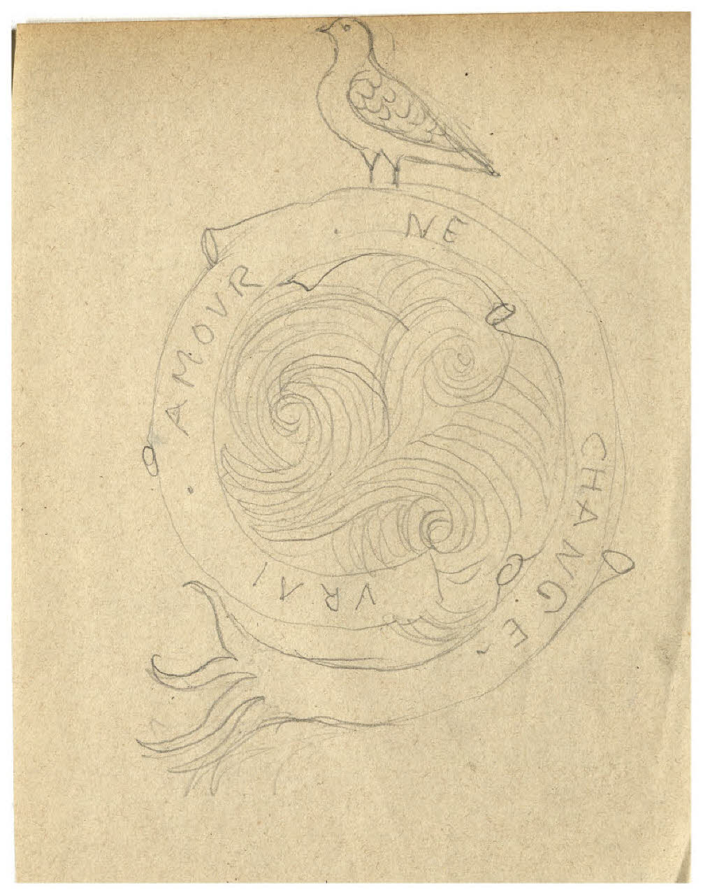 Emblema con albero avvolto su stesso e uccello con il motto: vrai amour ne change (disegno) di Disertori, Benvenuto Maria (prima metà sec. XX)