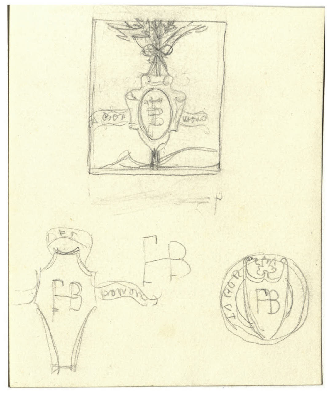 Studio per uno stemma con le iniziali FB (disegno preparatorio per l'ex libris per H.F.V.?) (disegno) di Disertori, Benvenuto Maria (prima metà sec. XX)