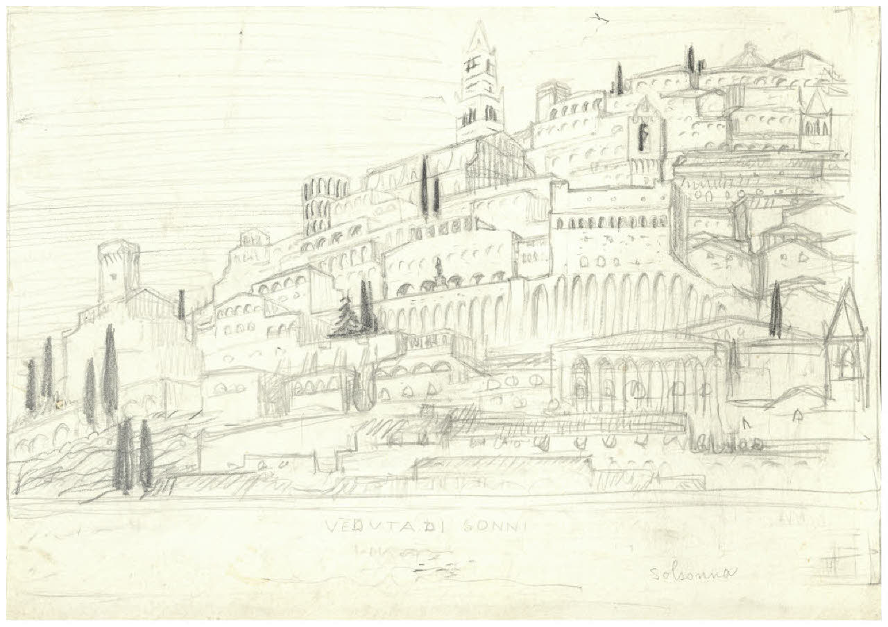 Città arroccata vista dal basso (disegno) di Disertori, Benvenuto Maria (prima metà sec. XX)