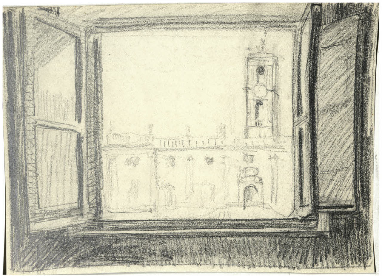 Veduta del Campidoglio attraverso una finestra (disegno) di Disertori, Benvenuto Maria (prima metà sec. XX)