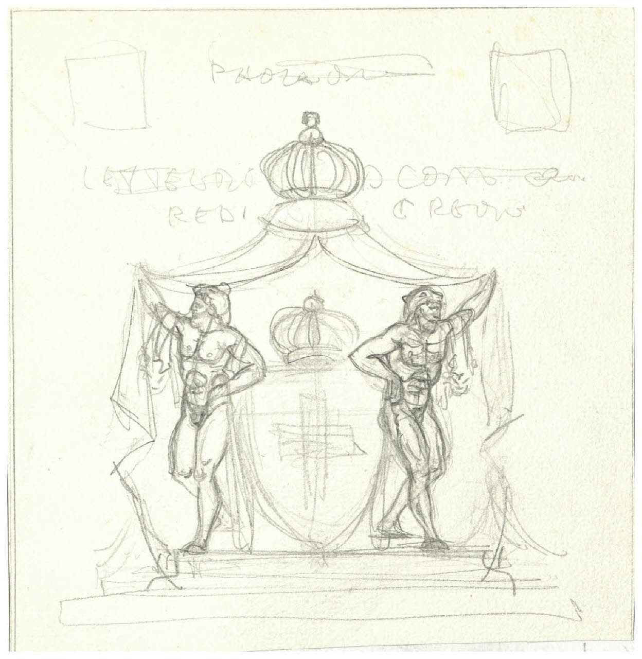 Due Ercole reggistemma sotto un padiglione (disegno) di Disertori, Benvenuto Maria (prima metà sec. XX)