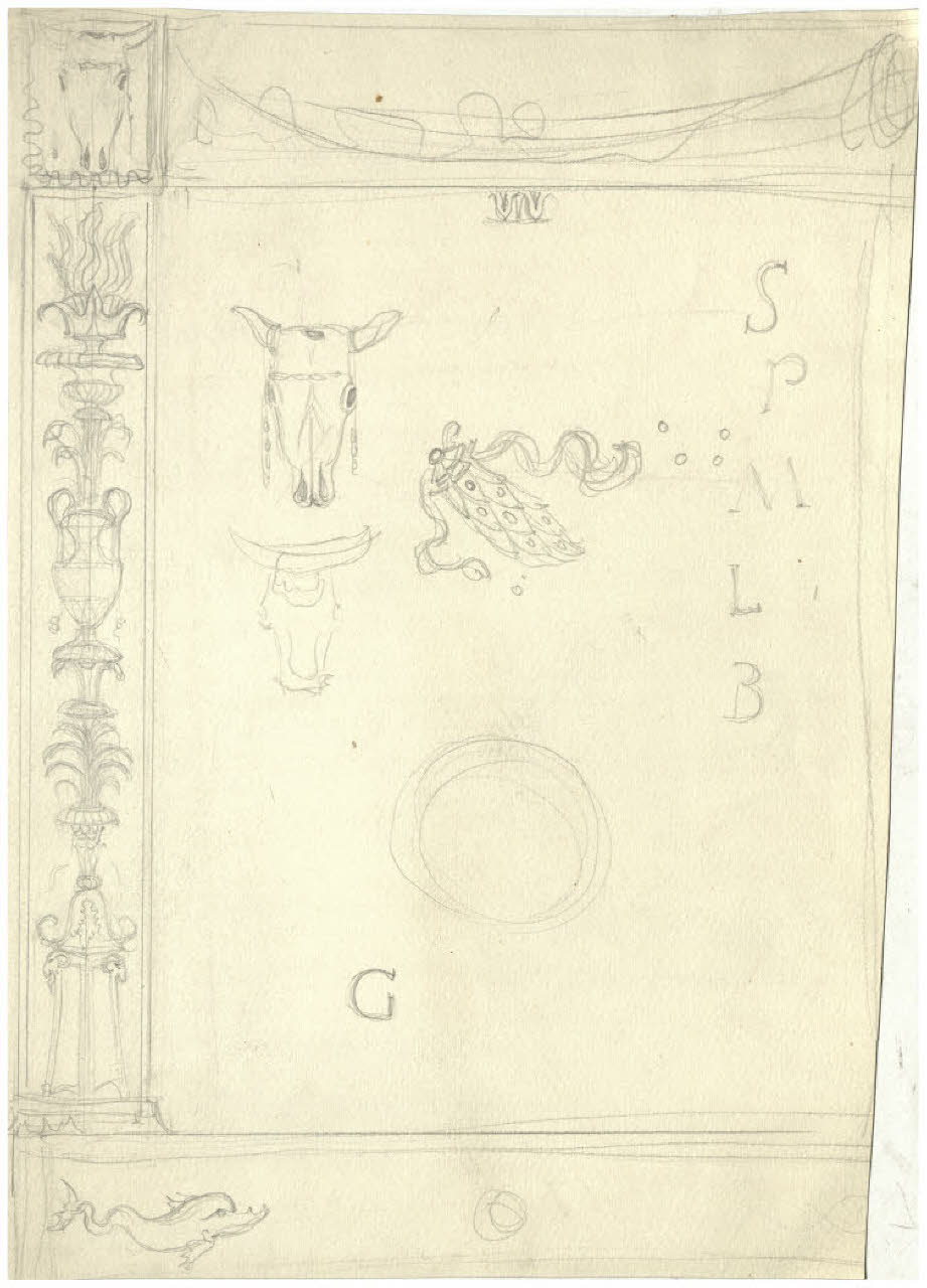 Studio per cornice decorativa con motivi all'antica (disegno) di Disertori, Benvenuto Maria (prima metà sec. XX)