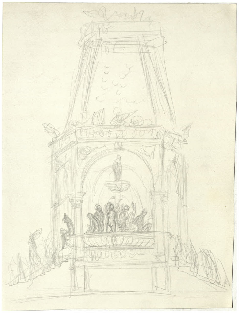 Padiglione con fontana e figure (disegno) di Disertori, Benvenuto Maria (prima metà sec. XX)