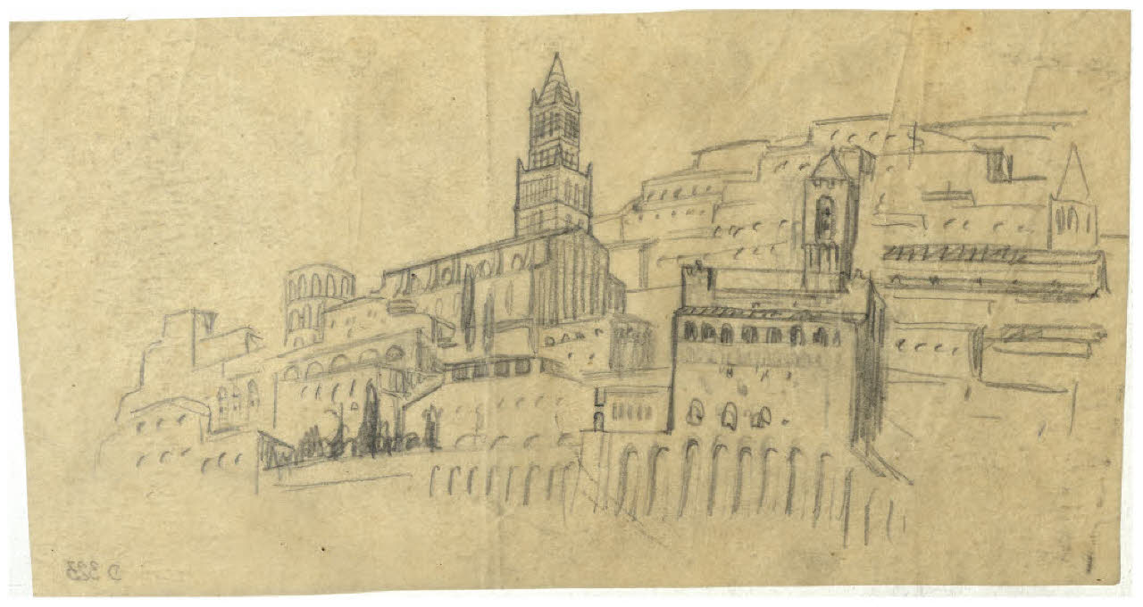 Città arroccata vista dal basso (disegno) di Disertori, Benvenuto Maria (prima metà sec. XX)
