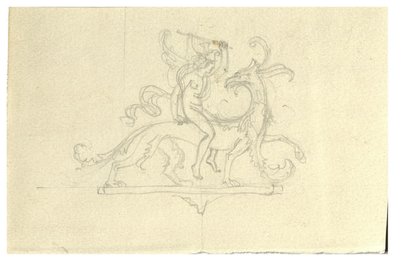 Uomo a cavallo di un grifone. Disegno preparatorio per la copertina di George Bernard Shaw, I fidanzati impossibili, Milano, Mondadori, 1928 (disegno) di Disertori, Benvenuto Maria (sec. XX)