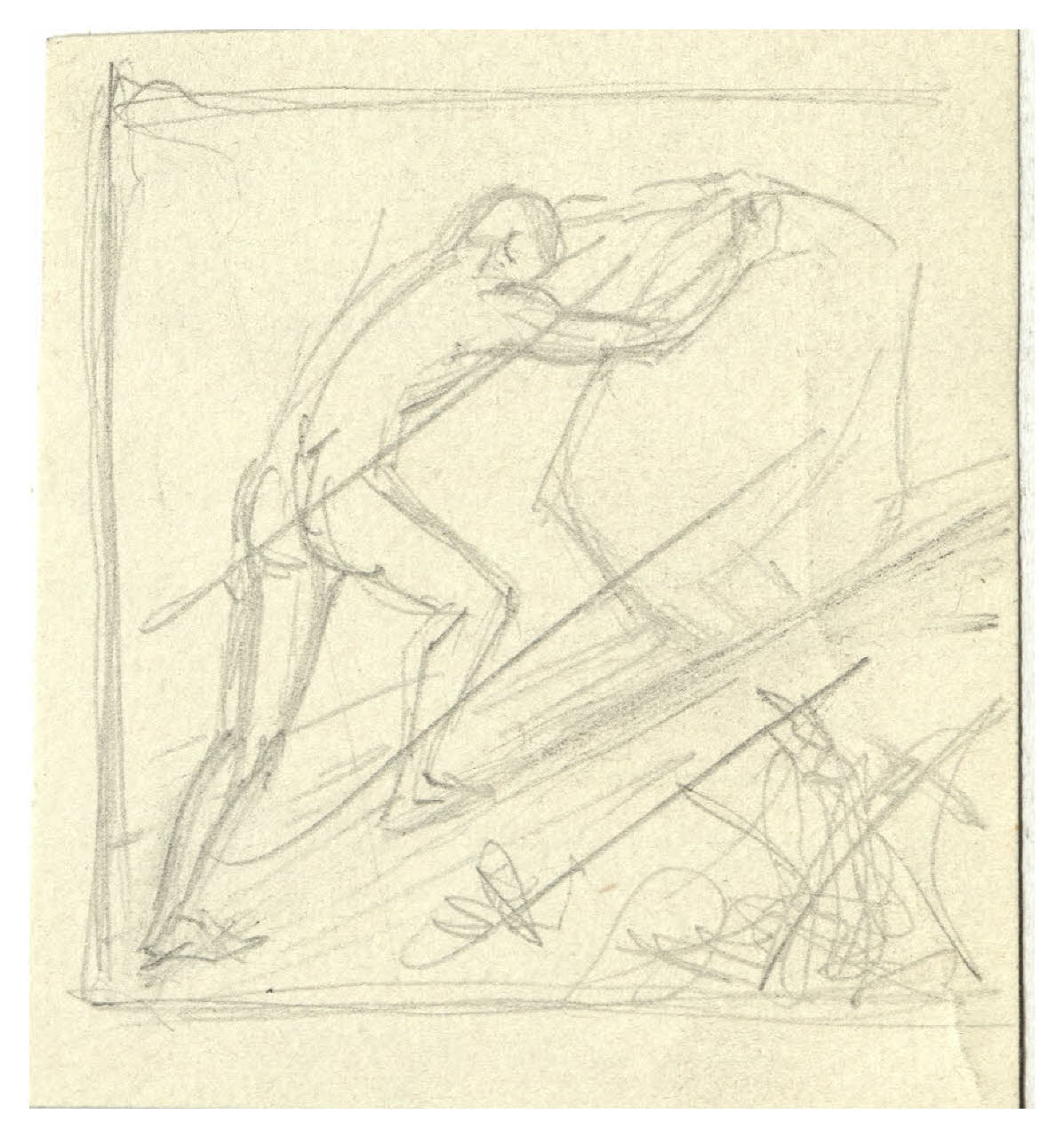 Nudo maschile che fa rotolare un masso lungo un piano inclinato (disegno) di Disertori, Benvenuto Maria (prima metà sec. XX)