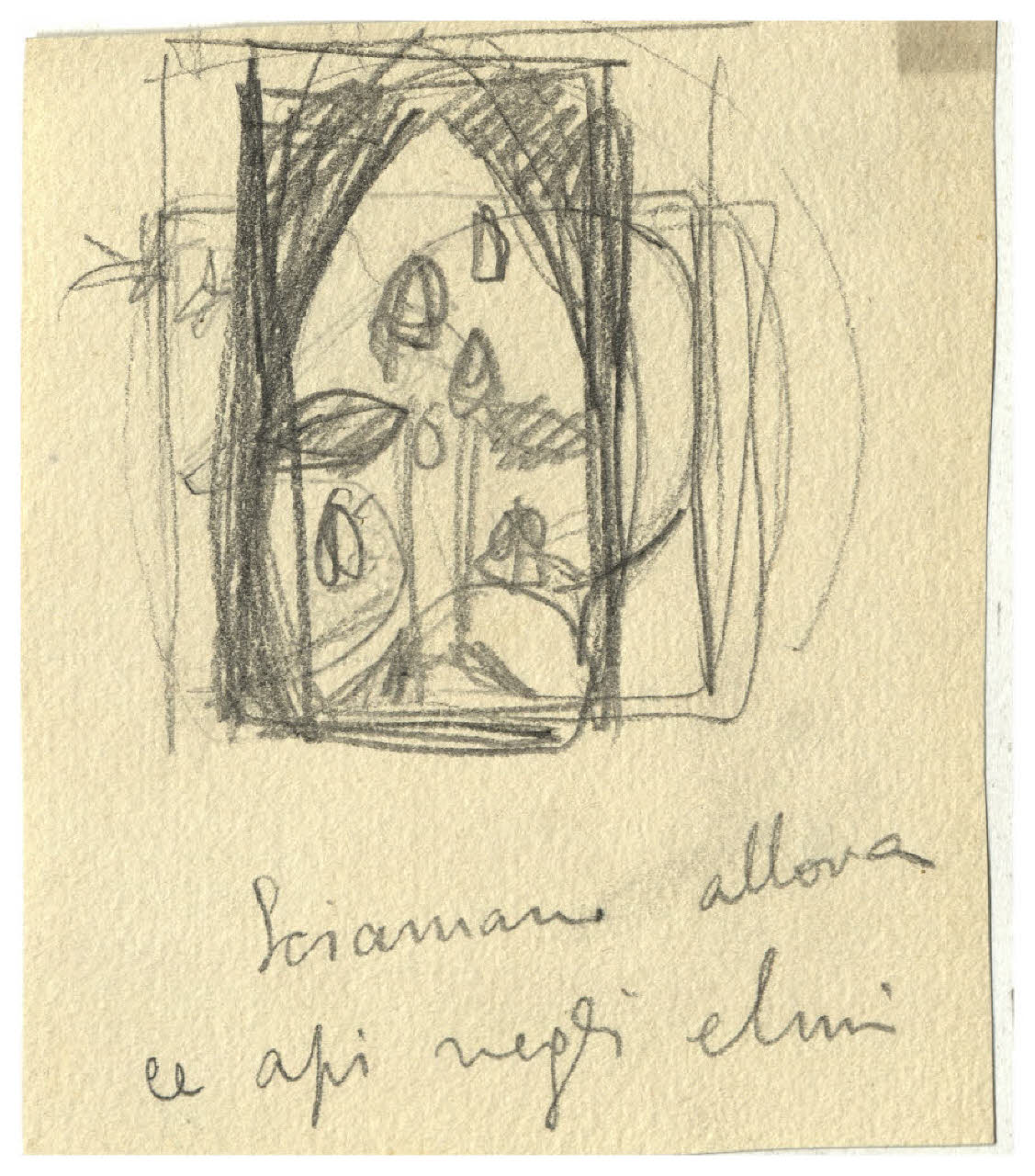 Studio di emblema con il motto: sciamano allora le api negli elmi (disegno) di Disertori, Benvenuto Maria (prima metà sec. XX)