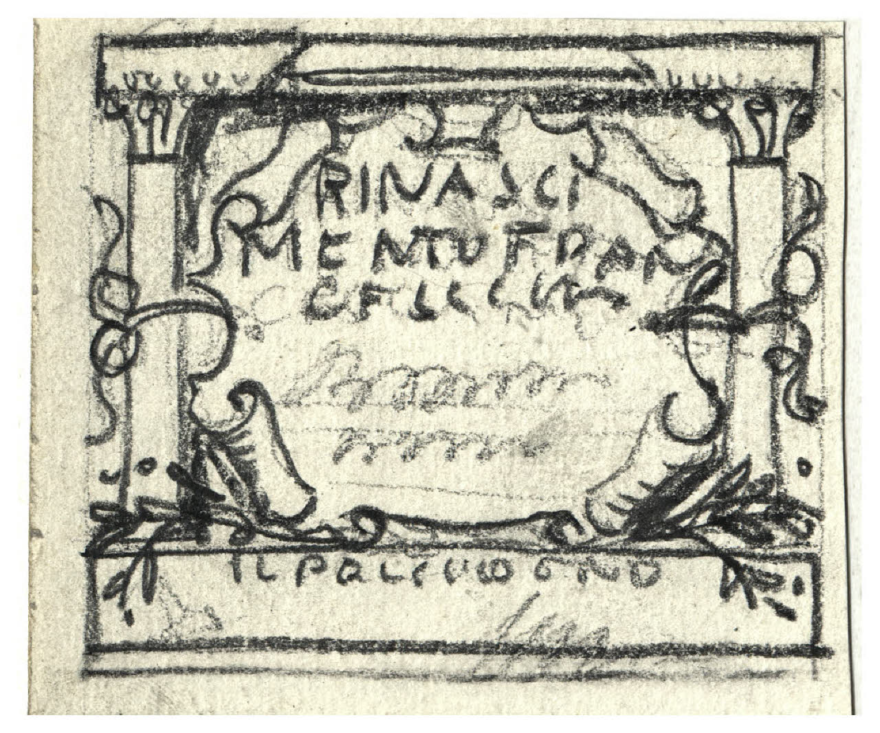 Testatina architettonica e cartiglio con la scritta: Rinascimento france[?] (disegno) di Disertori, Benvenuto Maria (prima metà sec. XX)