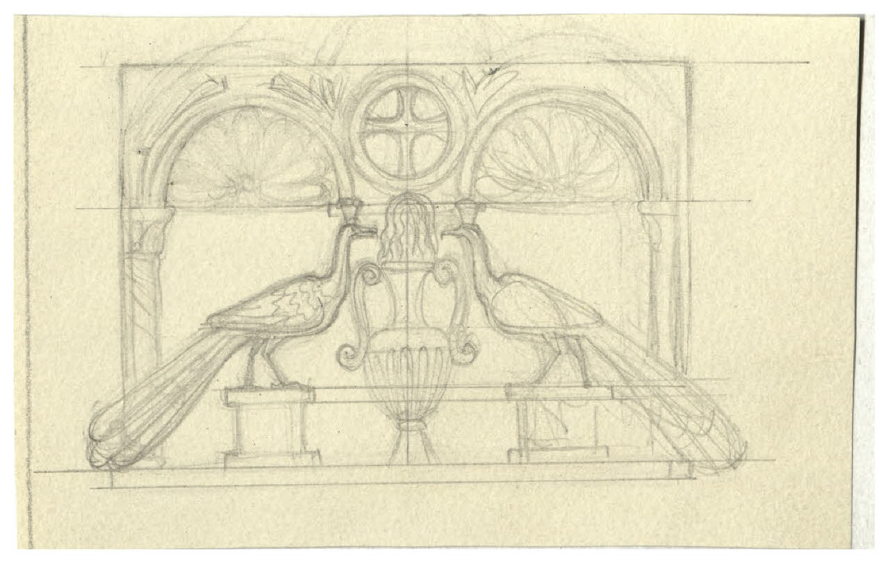 Motivo decorativo con due pavoni (disegno) di Disertori, Benvenuto Maria (prima metà sec. XX)