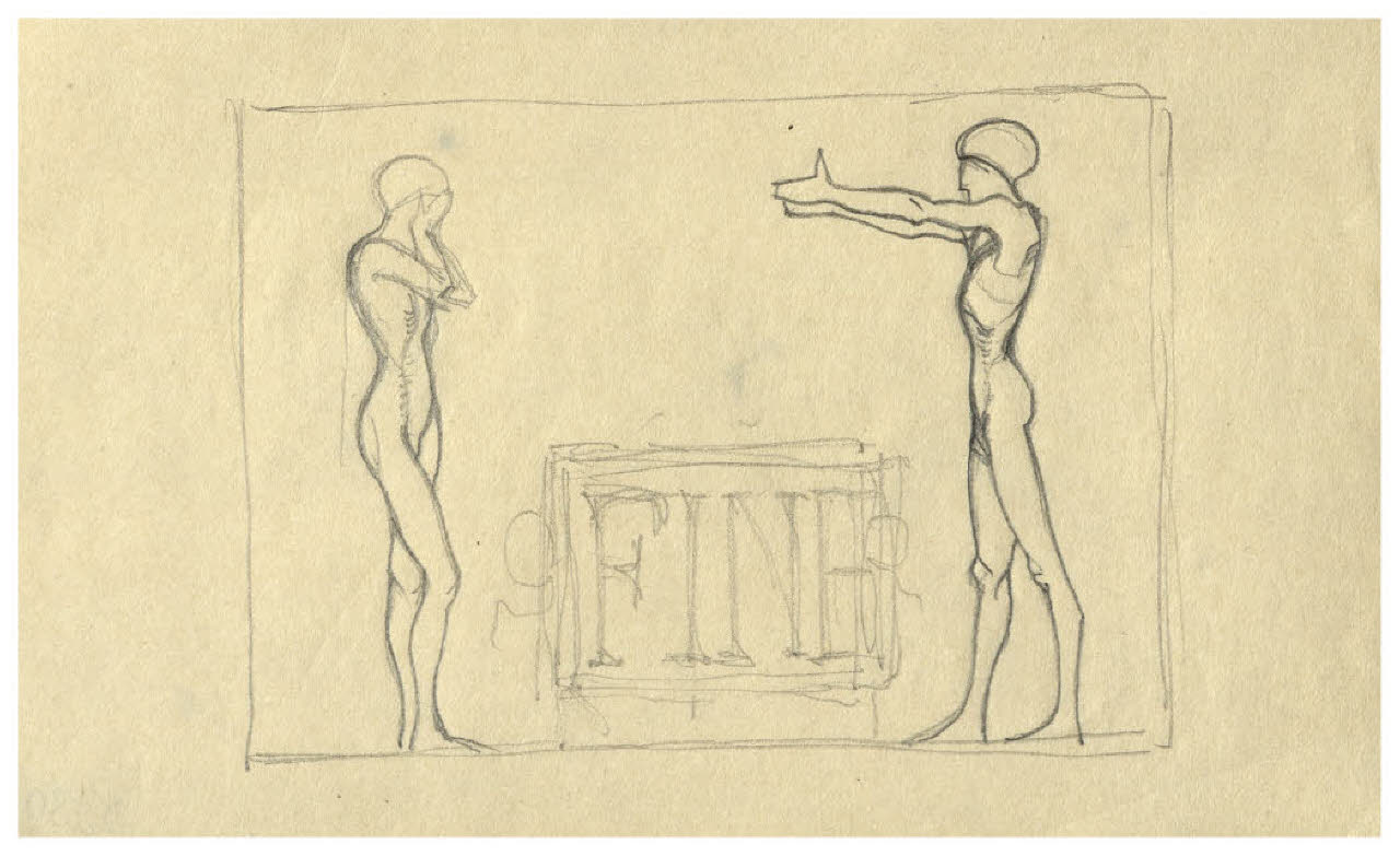 Due nudi maschili e scritta: fine (studio di finalino) (disegno) di Disertori, Benvenuto Maria (prima metà sec. XX)