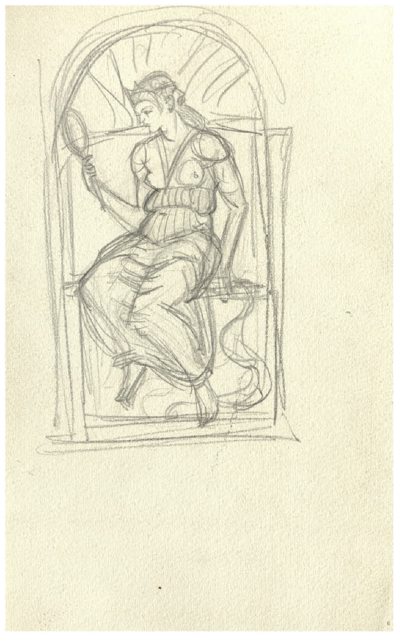 Donna con in mano uno specchio, seduta entro una nicchia (disegno) di Disertori, Benvenuto Maria (prima metà sec. XX)