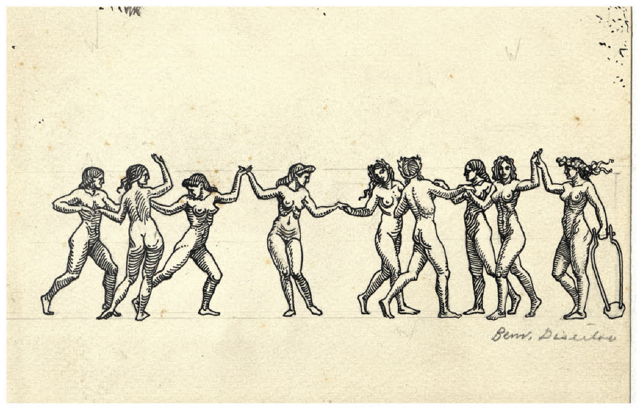 Le nove muse (disegno preparatorio per l'acquaforte, mai realizzata, Il Pianeta Marte) (disegno) di Disertori, Benvenuto Maria (sec. XX)