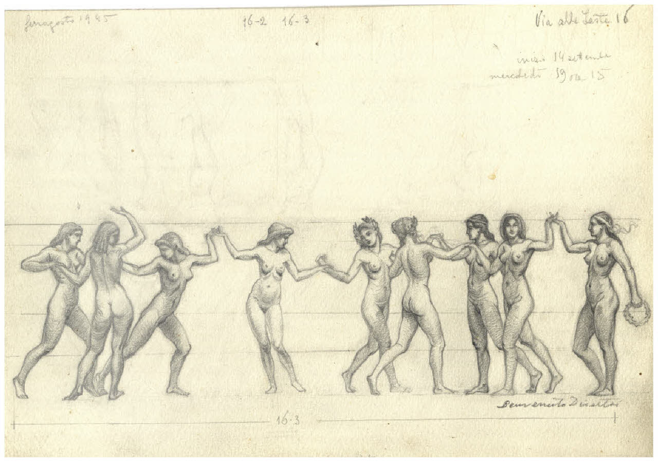 Le nove muse (disegno preparatorio per l'acquaforte, mai realizzata, Il Pianeta Marte) (disegno) di Disertori, Benvenuto Maria (sec. XX)