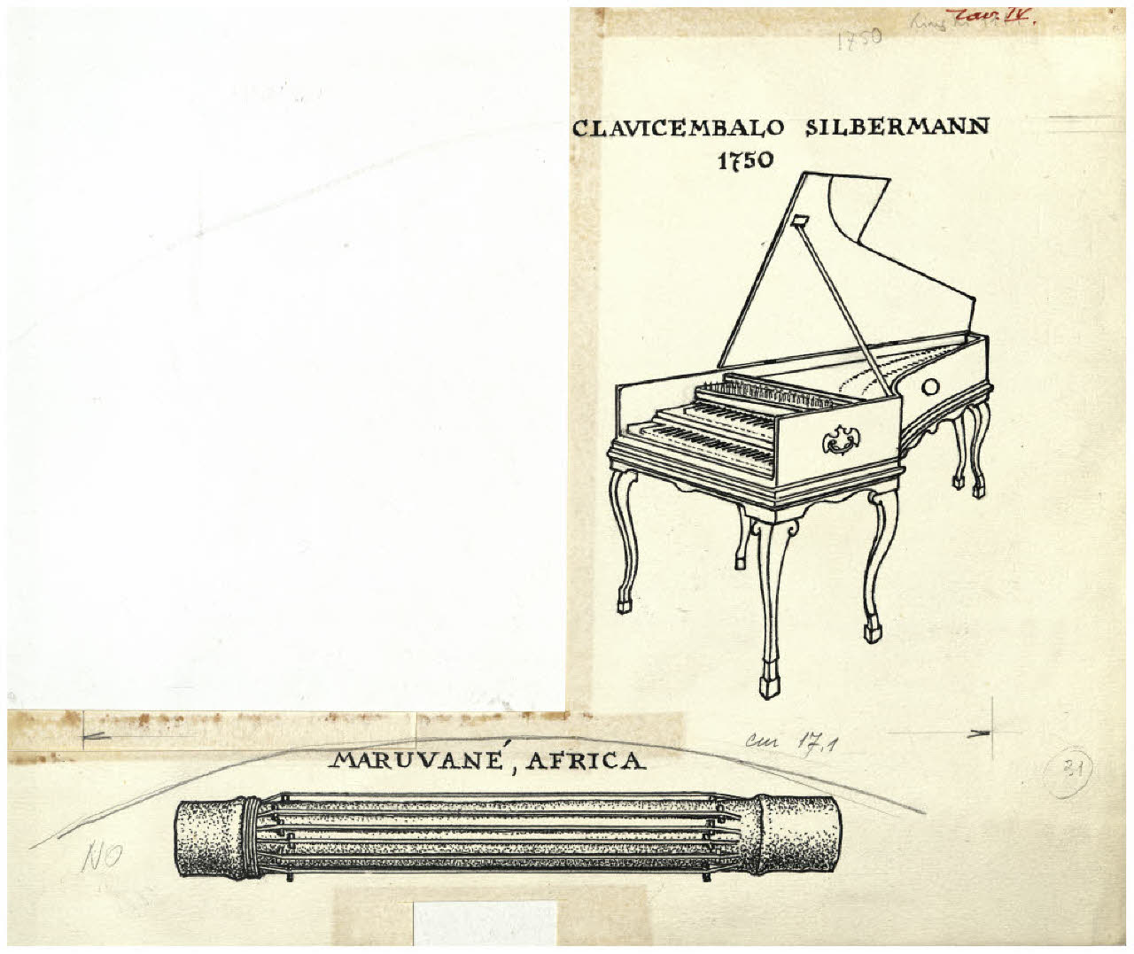 Strumenti musicali - Clavicembalo Silbermann 1750; Maruvane, Africa. Studio per illustrazione (disegno) di Disertori, Benvenuto Maria (prima metà sec. XX)