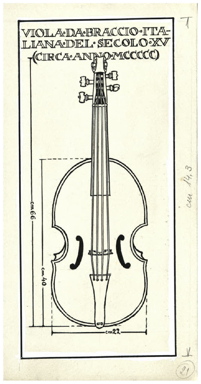 Strumenti musicali - Viola da braccio italiana del secolo XV, circa anno MCCCCC. Studio per illustrazione (disegno) di Disertori, Benvenuto Maria (prima metà sec. XX)