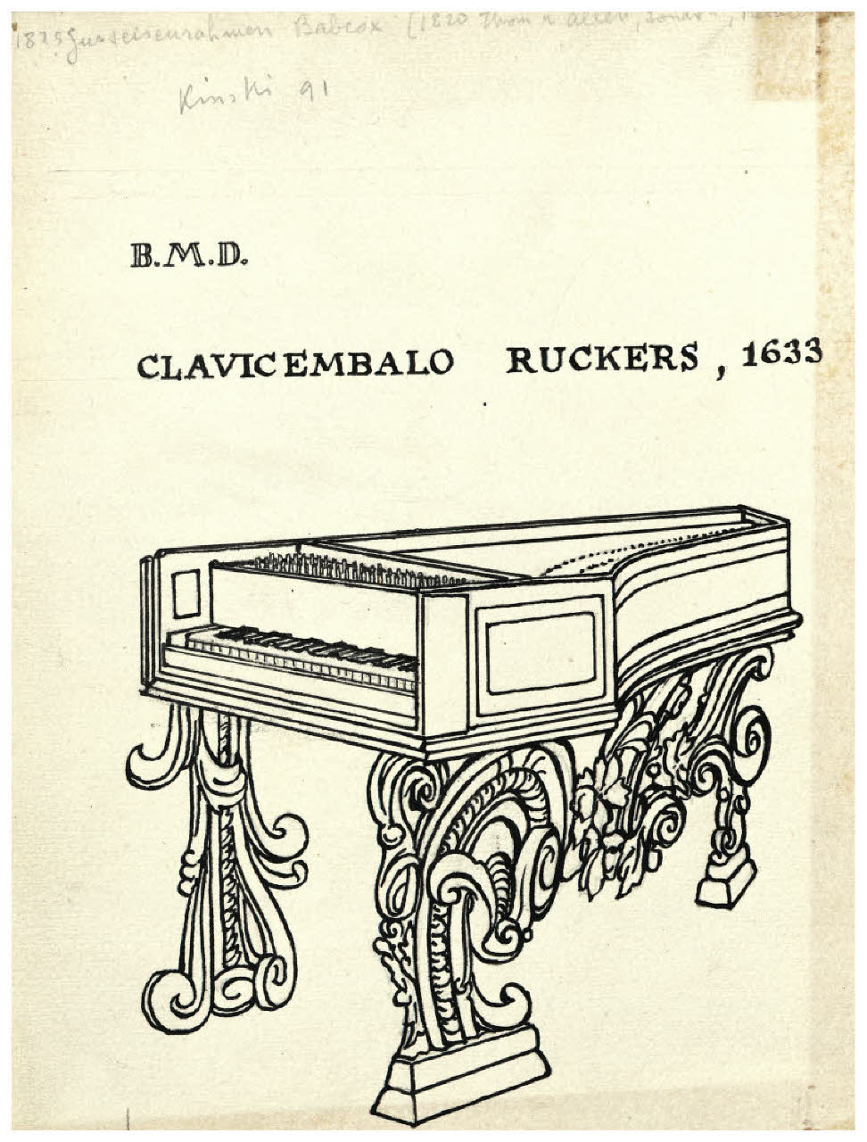 Strumenti musicali - Clavicembalo Ruckers, 1633. Studio per illustrazione (disegno) di Disertori, Benvenuto Maria (prima metà sec. XX)