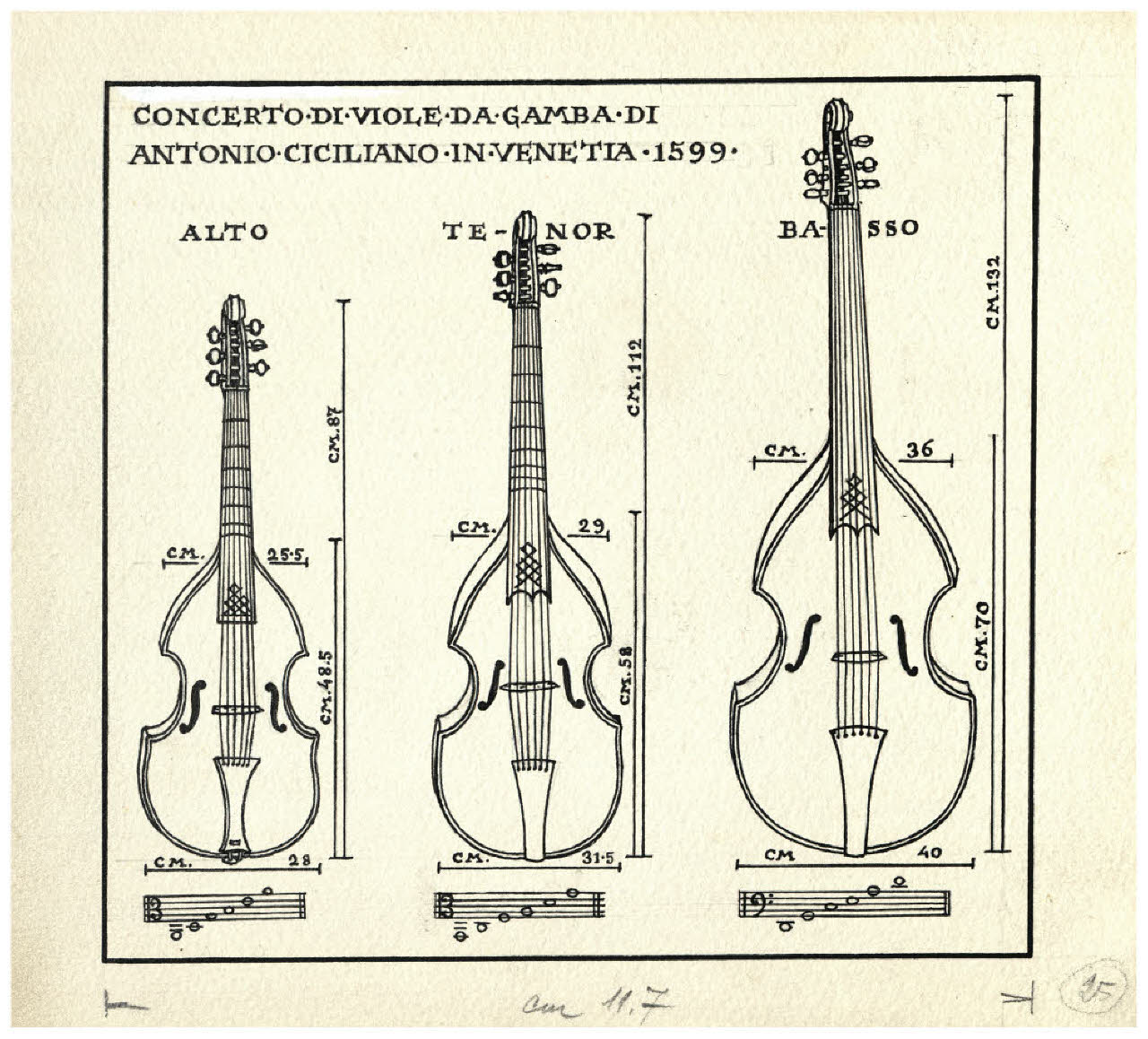 Strumenti musicali - Concerto di viole da gamba di Antonio Ciciliano in Venetia 1599. Studio per illustrazione (disegno) di Disertori, Benvenuto Maria (prima metà sec. XX)