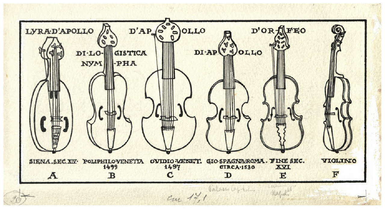 Strumenti musicali - A. Lyra d'Apollo; B. di logistica nympha; C. d'Apollo; D. di Apollo; E. d'Orfeo; F. Violino. Studio per illustrazione (disegno) di Disertori, Benvenuto Maria (prima metà sec. XX)