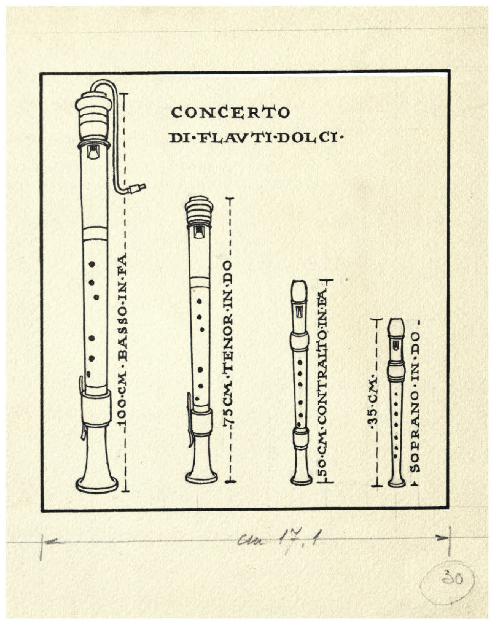 Strumenti musicali - Concerto di flauti dolci. Studio per illustrazione (disegno) di Disertori, Benvenuto Maria (prima metà sec. XX)