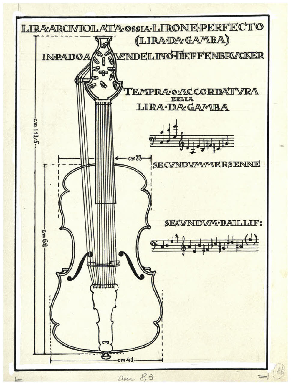 Strumenti musicali - Lira arciviolata ossia lirone perfecto (lira da gamba), in Padoa Vendelino Tieffenbrucker. Studio per illustrazione (disegno) di Disertori, Benvenuto Maria (prima metà sec. XX)