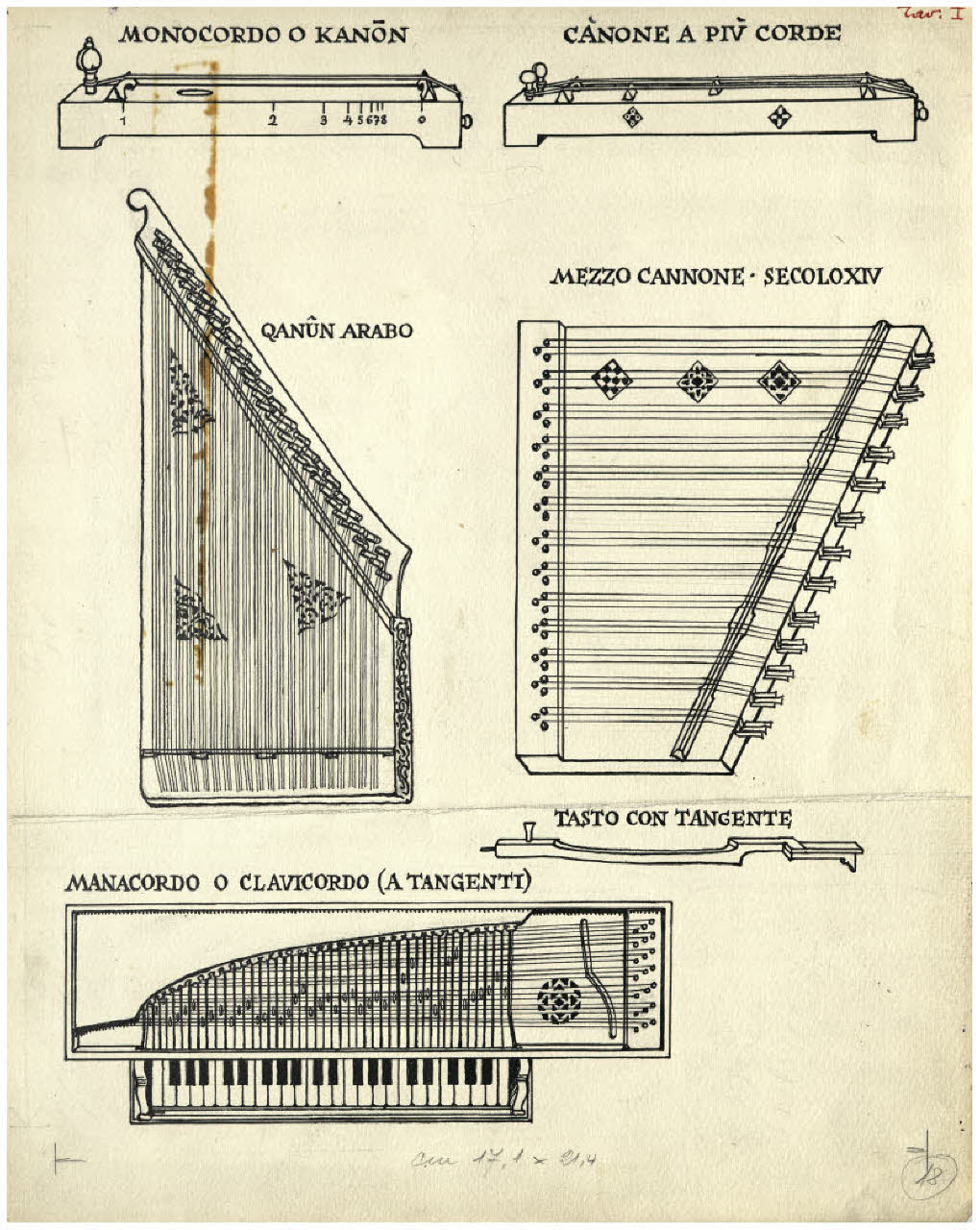 Strumenti musicali - Monocordo o kanon; Canone a più corde; Qanun arabo; Mezzo cannone secolo XIV; Manacordo o clavicordo (a tangenti); Tasto con tangente. Studio per illustrazione (disegno) di Disertori, Benvenuto Maria (prima metà sec. XX)
