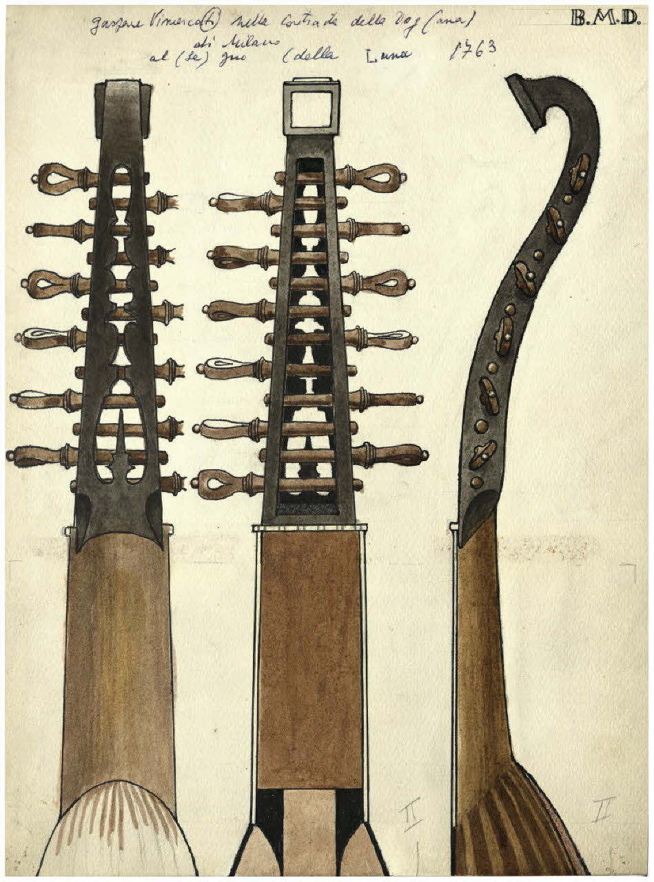 Manico di strumento musicale (disegno) di Disertori, Benvenuto Maria (prima metà sec. XX)