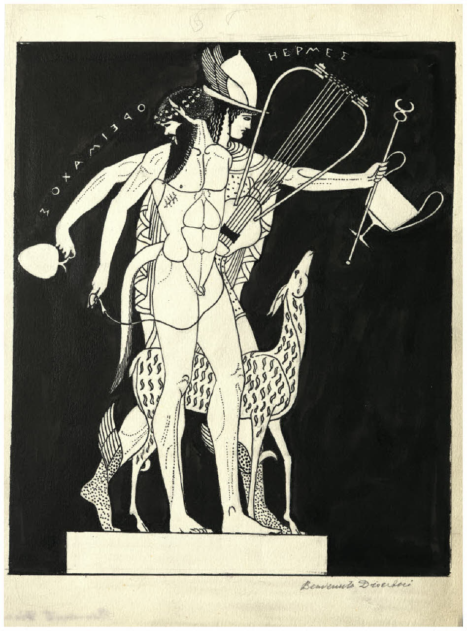 Pittura vascolare antica. Pittore di Berlino, Ermes e Sileno (Berlino, Antikensammlung, Staatliche Museen zu Berlin) (disegno) di Disertori, Benvenuto Maria (prima metà sec. XX)