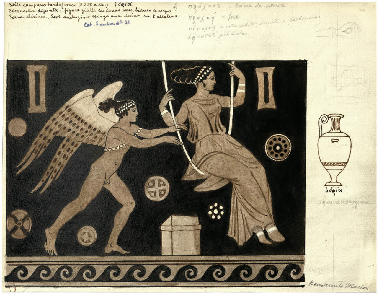 Pittura vascolare antica. Scena elisiaca (Collezione Sambon al Museo Teatrale della Scala) (disegno) di Disertori, Benvenuto Maria (prima metà sec. XX)